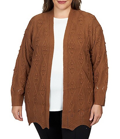 Ruby Rd. Plus Size Pointelle Cable Scalloped Hem Open Front Cardigan