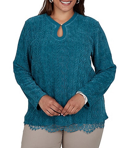 Ruby Rd. Plus Size Pointelle Chenille Knit Round Neck Long Sleeve Top