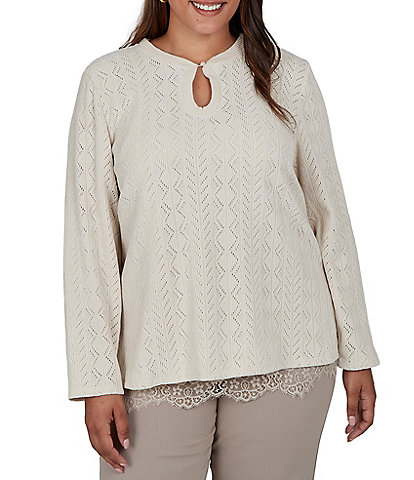 Ruby Rd. Plus Size Pointelle Chenille Knit Round Neck Long Sleeve Top
