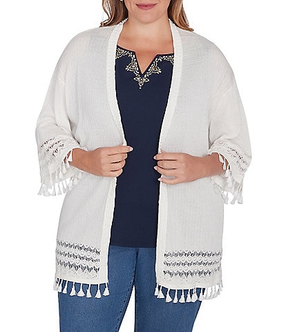 Ruby Rd. Plus Size Pom Pom Lace Placket 3/4 Sleeve Lace Tassel Trim Open-Front Cardigan