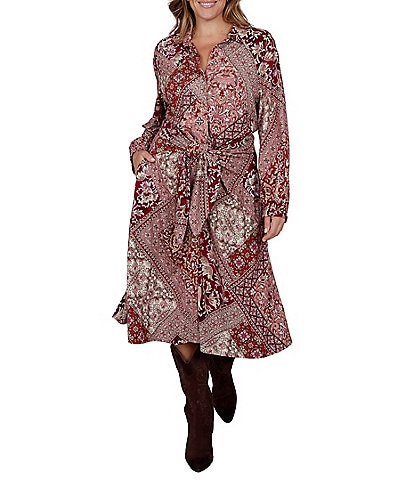 Ruby Rd. Plus Size Ponte Victorian-Inspired Patchwork Point Collar Long Sleeve Self Tie Shirt Dress