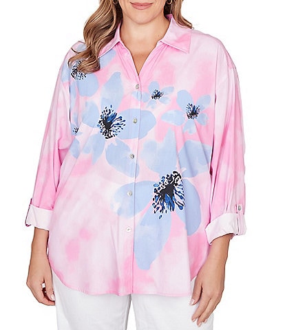 Ruby Rd. Plus Size Poplin Woven Watercolor Floral Point Collar 3/4 Roll-Tab Sleeve Button Front Shirt