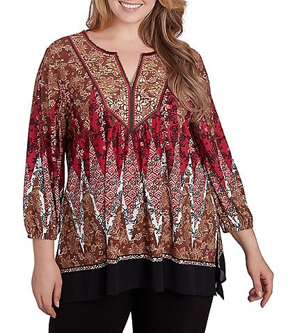 Ruby Rd. Plus Size Printed Embellished Crepe Knit Split V-Neck 3/4 Sleeve Top