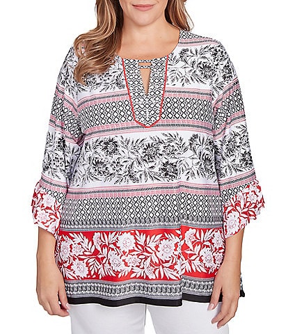 Ruby Rd. Plus Size Printed Embellished Keyhole Neck 3/4 Ruffle Sleeve Sharkbite Hem Top