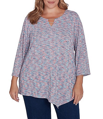 Ruby Rd. Plus Size Printed Keyhole Double Bar Detail 3/4 Sleeve Drop Needle Knit Top