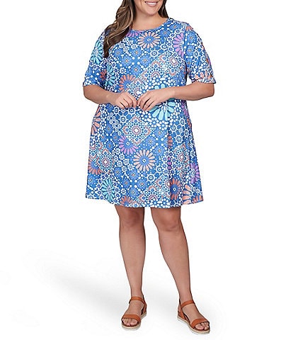 Ruby Rd. Plus Size Prism Floral Print Ladder Cut-Out Short Sleeve Shift Dress