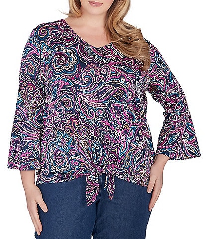 Ruby Rd. Plus Size Puff Brocade Print Knit V-Neck 3/4 Flare Sleeve Tie-Front Top