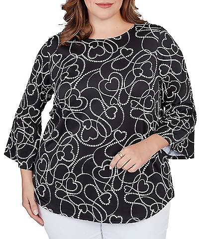 Ruby Rd. Plus Size Puff Heart Print Boat Neck 3/4 Flounce Sleeve Top