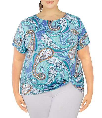 Ruby Rd. Plus Size Puff Paisley Print Knit Scoop Neck Short Sleeve Twisted Front Hem Top