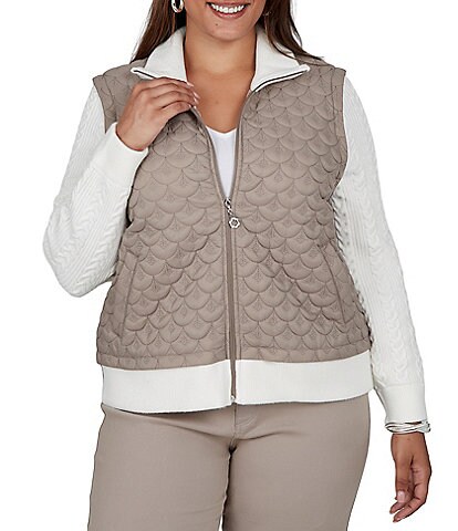 Ruby Rd. Plus Size Quilted Cable Knit Spread Collar Long Sleeve Zip Front Jacket