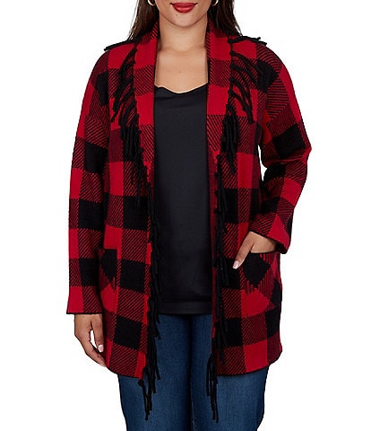 Ruby Rd. Plus Size Red Black Buffalo Plaid Shawl Collar Long Sleeve Fringe Open Front Cardigan