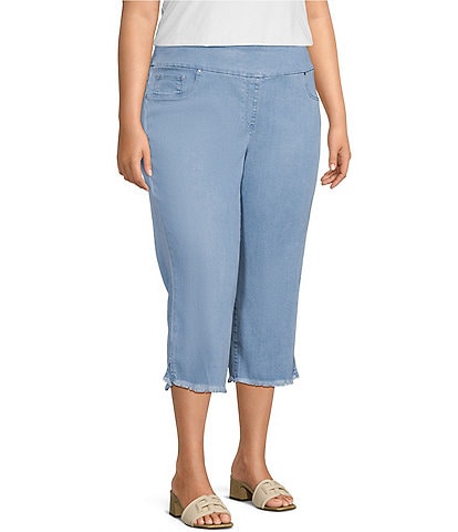 Ruby Rd. Plus Size Relaxed Fringe Hem Pull-On Denim Pants