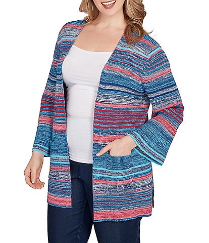 Ruby Rd. Plus Size Rib Knit Stripe 3/4 Sleeve Pocketed Open-Front Cardigan