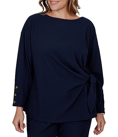Ruby Rd. Plus Size Ribbed Knit Boat Neck Long Sleeve Ruched Side Tie Top