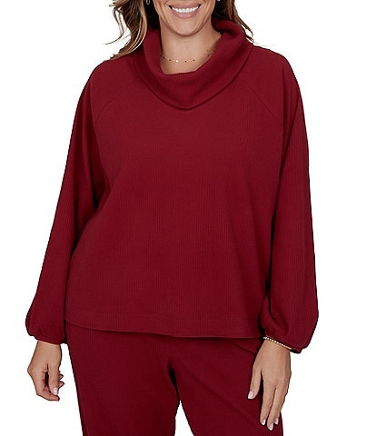 Ruby Rd. Plus Size Coordinating Premium Ribbed Knit Cowl Neck Long Bubble Sleeve Top