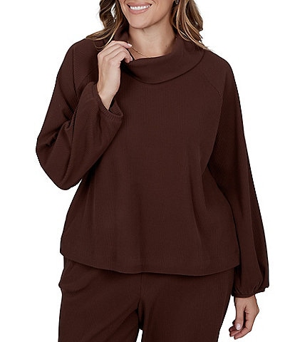 Ruby Rd. Plus Size Ribbed Knit Cowl Neck Long Bubble Sleeve Top