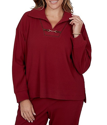 Ruby Rd. Plus Size Ribbed Knit Faux Suede Trim Portrait Collar Long Sleeve Horse Bit Top