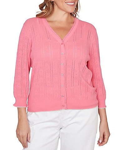 Ruby Rd. Plus Size Ruffle V-Neck 3/4 Sleeve Button Front Pointelle Cardigan