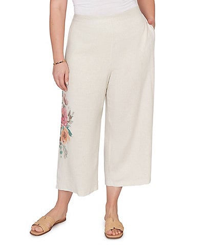 Ruby Rd. Plus Size Sand-Washed Linen Floral Placement Print Wide Leg Pull-On Coordinating Cropped Pants