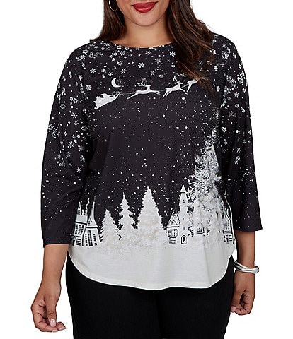 Ruby Rd. Plus Size Santa Flying Sleigh Snowflake Crew Neck 3/4 Sleeve Top