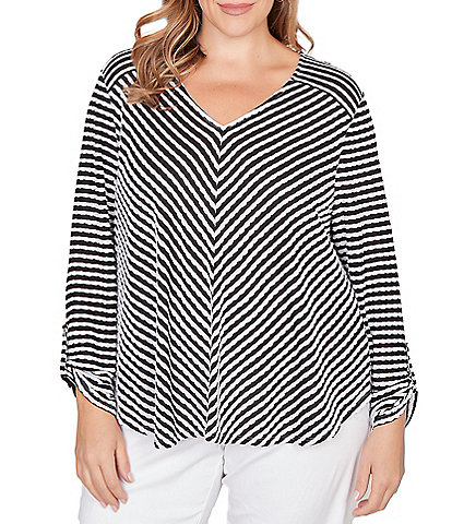 Ruby Rd. Plus Size Scalloped Stripe V-Neck 3/4 Roll-Tab Sleeve Top