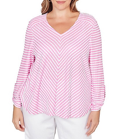 Ruby Rd. Plus Size Scalloped Stripe V-Neck 3/4 Roll-Tab Sleeve Top