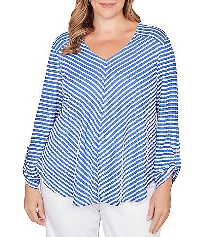 Ruby Rd. Plus Size Scalloped Stripe V-Neck 3/4 Roll-Tab Sleeve Top