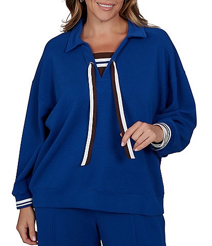 Ruby Rd. Plus Size Scuba Pique Point Collar 3/4 Sleeve Stripe Trim Pullover