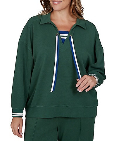 Ruby Rd. Plus Size Scuba Pique Point Collar 3/4 Sleeve Stripe Trim Pullover