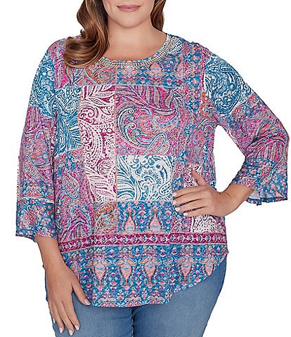 Ruby Rd. Plus Size Shangri-La Print Knit Embellished Crew Neck 3/4 Bell Sleeve Top