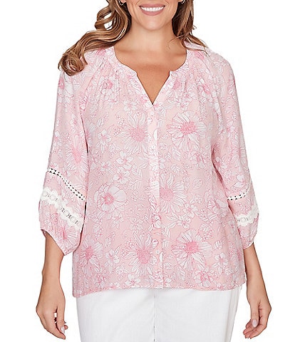 Ruby Rd. Plus Size Silky Gauze Floral Split V-Neck 3/4 Sleeve Button-Front Blouse