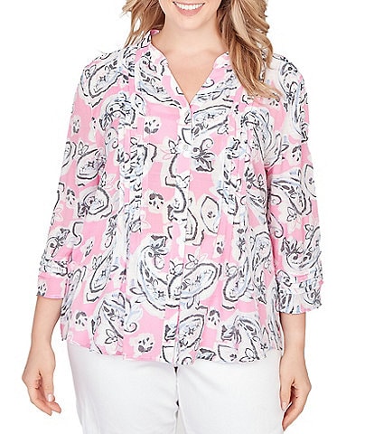 Ruby Rd. Plus Size Silky Gauze Hydrangea Paisley Split V-Neck 3/4 Sleeve Button Front Top