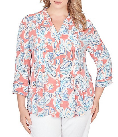 Ruby Rd. Plus Size Silky Gauze Paisley Split V-Neck 3/4 Sleeve Button Front Top