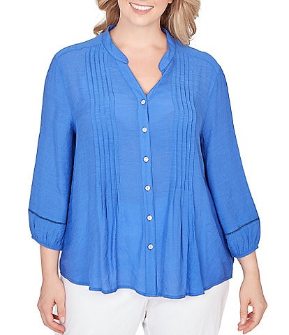 Ruby Rd. Plus Size Silky Slub Woven Split V-Neck 3/4 Sleeve Button Front Top
