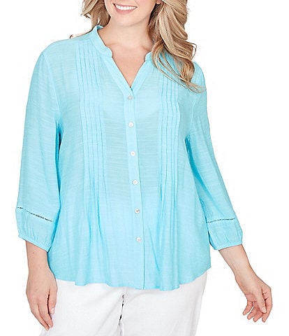 Ruby Rd. Plus Size Silky Slub Woven Split V-Neck 3/4 Sleeve Button Front Top