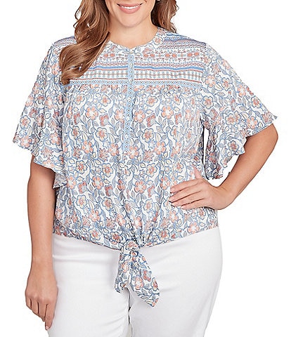 Ruby Rd. Plus Size Silky Voile Printed Round Neck Short Flutter Sleeve Tie-Front Top