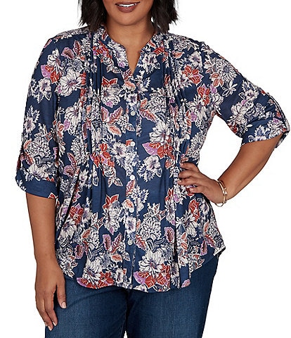 Ruby Rd. Plus Size Slub Jersey Kensington Inspired Floral Split V-Neck Elbow Roll-Tab Sleeve Button-Front Shirt