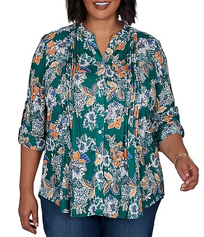 Ruby Rd. Plus Size Slub Jersey Kensington Inspired Floral Split V-Neck Elbow Roll-Tab Sleeve Button-Front Shirt