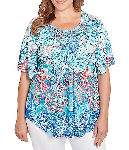 Ruby Rd. Plus Size Slub Jersey Knit Paisley Border Print Scoop Neck Short Sleeve Tee