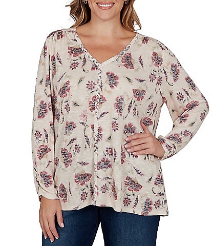Ruby Rd. Plus Size Slub Knit Botanical Faded Floral V-Neck Long Sleeve Top