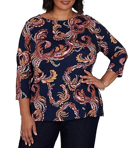 Ruby Rd. Plus Size Slub Knit Paisley Boat Neck 3/4 Sleeve Top