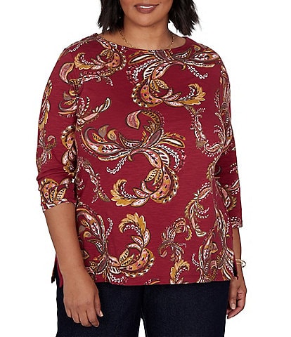 Ruby Rd. Plus Size Slub Knit Paisley Boat Neck 3/4 Sleeve Top