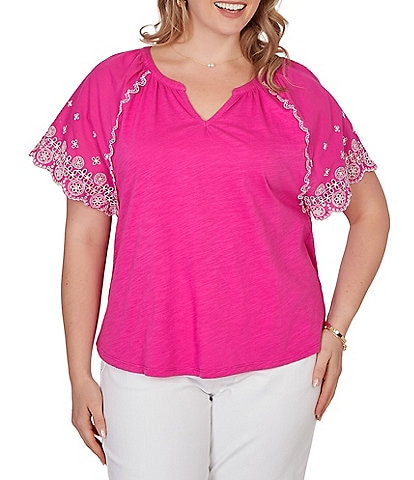 Ruby Rd. Plus Size Slub Knit Split V-Neck Short Embroidered Sleeve Top