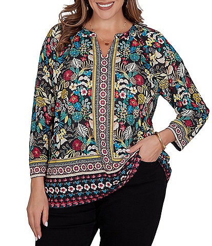 Ruby Rd. Plus Size Slub Knit Vibrant Paradise-Inspired Split V-Neck Cuffed 3/4 Sleeve Top
