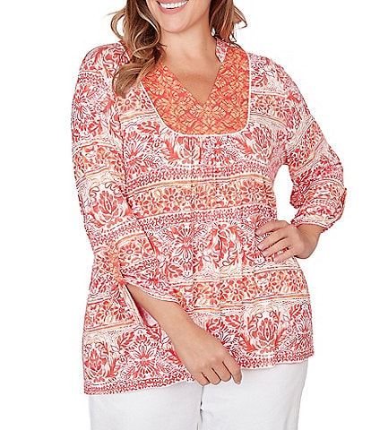 Ruby Rd. Plus Size Slub Knit Woodblock V-Neck 3/4 Roll-Tab Sleeve Top