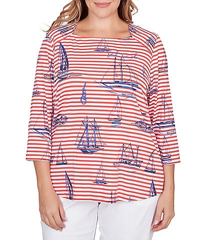 Ruby Rd. Plus Size Soft Cotton Jersey Allover Sailboat Embroidered Accents Stripe Print Square Neck 3/4 Sleeve Top