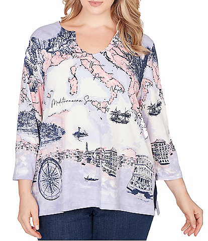 Ruby Rd. Plus Size Soft Cotton Jersey Novelty Horseshoe Neck 3/4 Sleeve Excursion Top