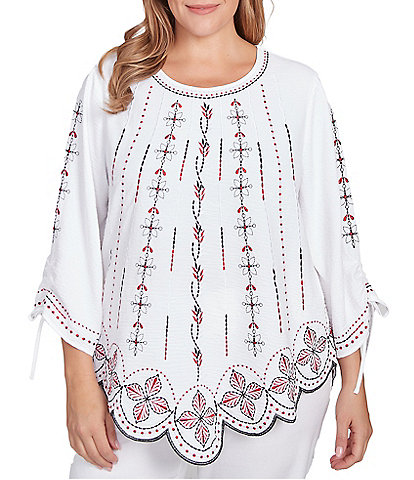 Ruby Rd. Plus Size Soft Crepe Gauze Embroidered Scoop Neck 3/4 Tie Sleeve Top