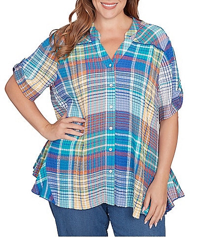 Ruby Rd. Plus Size Soft Crinkle Plaid Y-Neck Short Button-Tab Sleeve Button Front Shirt