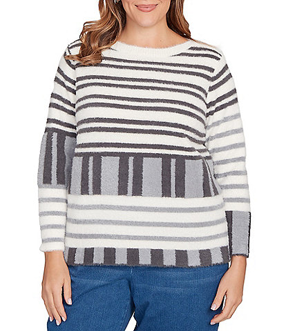 Ruby Rd. Plus Size Soft Eyelash Knit Stripe Boat Neck Long Sleeve Sweater